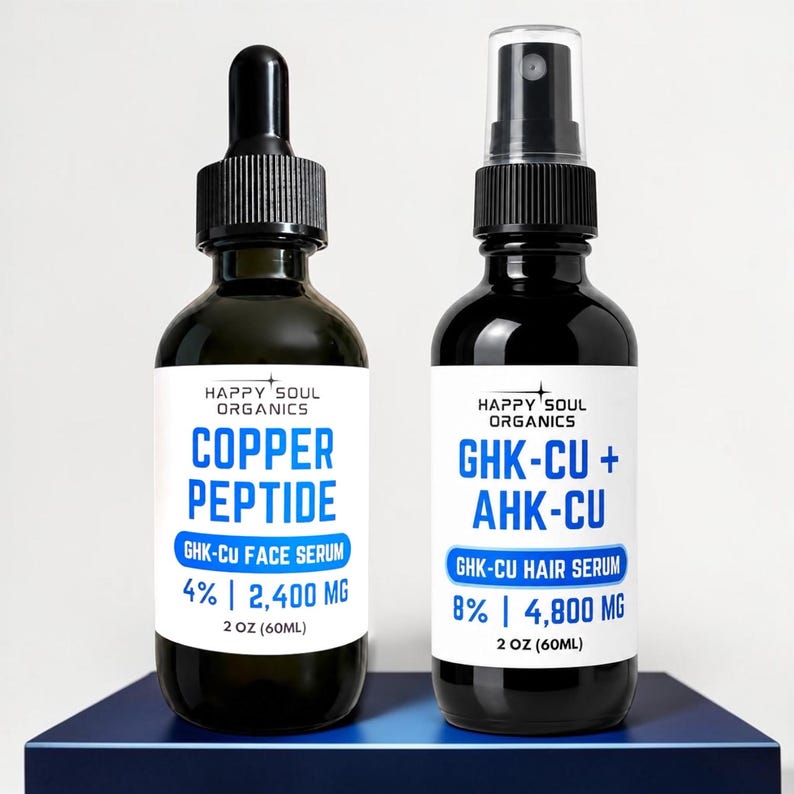 May include: Two dark glass bottles of Happy Soul Organics serums. One is labeled "Copper Peptide GHK-CU Face Serum" with 4% and 2,400 MG. The other is "GHK-CU + AHK-CU GHK-CU Hair Serum" with 8% and 4,800 MG. Each bottle contains 2 OZ (60ML).
