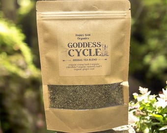 Té menstrual femenino Goddess Cycle, té de hojas sueltas, mezcla de hierbas orgánicas sin OMG, corteza para calambres, hoja de frambuesa, sin cafeína, bienestar femenino