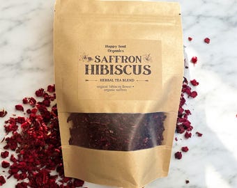 Mieszanka herbat ziołowych z szafranem i hibiskusem, organiczna, bez GMO, bezkofeinowa, do pielęgnacji i dobrego samopoczucia, ręcznie mieszana w Oklahomie w USA