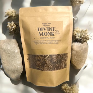 Divine Monk Tea Organic NonGMO Herbal Tea Blend Caffeine Free Lemon Balm Passionflower Valerian Saffron Holy Basil LTheanine Wellness Gift