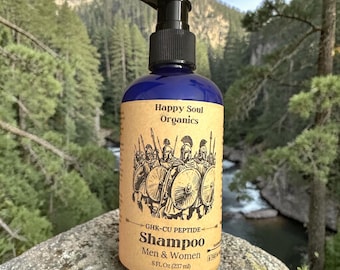 Champú GHK-Cu con péptidos de cobre. Totalmente natural, orgánico, no tóxico. Cuidado capilar limpio. Disponible en 237 ml o 473 ml. Elaborado artesanalmente en pequeños lotes. Sin sulfatos ni parabenos.