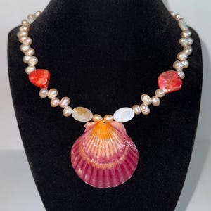 Ocean-Inspired Freshwater Pearl Necklace with Real Shell Pendant And Mother Of Pearl Shell Accents—16” With Extender Chain