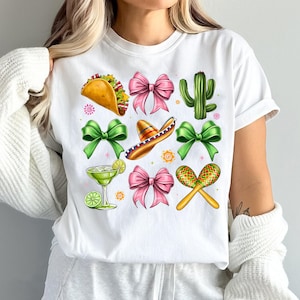 Cinco de Mayo PNG, Sublimation Digital Download, Cute Colorful Fiesta Design, For Women T-Shirt, Taco Margarita Sombrero Bow Clipart
