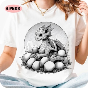 Baby Dragon PNG, Dragon Egg PNG, Digital Download, Black and White Dragon Clipart, Fantasy Line Art PNG, Cute Mythical Creature Design