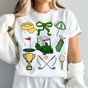 ゴルフバンドルPNG – かわいいゴルフカートのクリップアート、レトロなグリーンのスポーツシャツのデザイン、女の子向けゴルフ昇華プリント、トーナメントトロフィーPNG、スポーティな美的デザイン