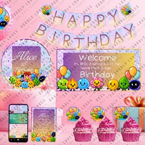 May include: A birthday party theme with a banner that says "Happy Birthday". The image includes a round invitation with the name "Alice" and the age "10th Birthday". There are also cupcakes and other party decorations.