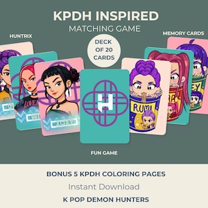 May include: A KPDH inspired matching game featuring a deck of 20 cards with colorful anime-style character illustrations. The cards display various figures, including characters named Zoey and Rumi, alongside a central card with a purple H logo.