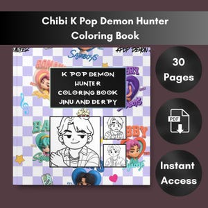 May include: A Chibi K Pop Demon Hunter coloring book featuring a light purple and white checkered background with various character illustrations. The cover displays the text K POP DEMON HUNTER COLORING BOOK JINU AND DERPY, 30 Pages, PDF, and Instant Access.