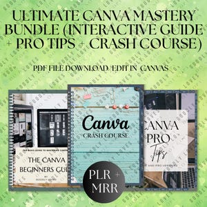 May include: An Ultimate Canva Mastery Bundle with interactive guides, pro tips, and a crash course. The image shows three spiral-bound books with the titles "The Canva Beginners Guide", "Canva Crash Course", and "Canva Pro Tips". The background is a green gradient.