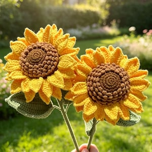 Häkelanleitung für eine Sonnenblume (PDF), Sofort-Download, Anfängerfreundliche Häkelblumen-Anleitung, DIY-Sonnenblume mit Blatt – Schritt-für-Schritt-Anleitung