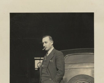 Original Vintage Photo Snapshot Man Cigar Car 1930s