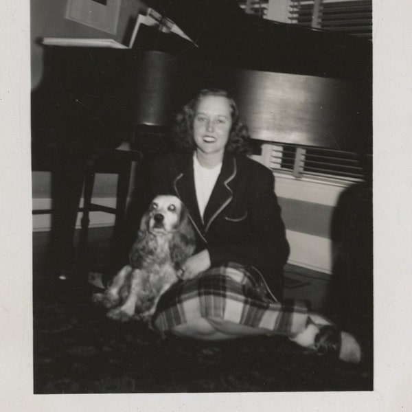 Original Vintage Photo Snapshot Woman & Spaniel Dog Pal by Piano 1940s