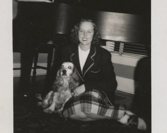 Original Vintage Photo Snapshot Woman & Spaniel Dog Pal by Piano 1940s