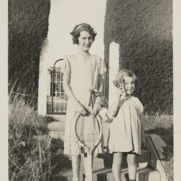 Original Vintage Photo Snapshot Girls Sisters? Tennis Racket Pose Outdoors 1933