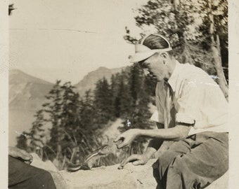 Original Vintage Photo Snapshot Man Making Friends With Chipmunk 1930s