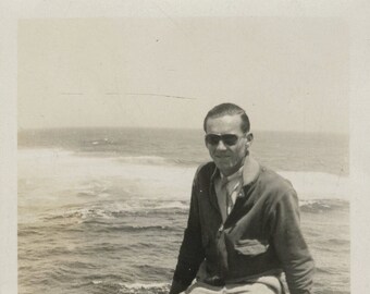 Original Vintage Photo Snapshot Man Knickers Sunglasses Sitting by Sea "Francis Borton Brown ~ Monterey" 1930