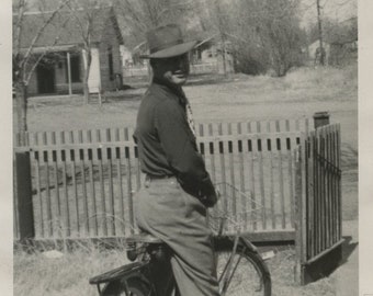 Original Vintage Photo Snapshot Man on Bicycle 1930s-40s