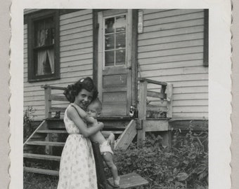 Original Vintage Photo Snapshot Toddler Hugging Girl Sweet 1952