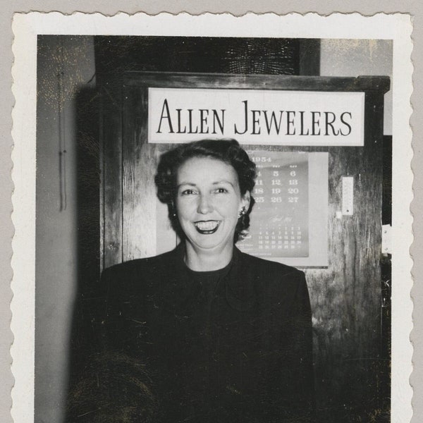 Original Vintage B & W Polaroid Photo Snapshot of Woman Allen Jewelers Sign 1960s