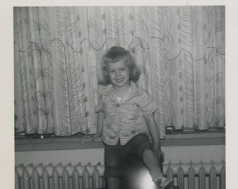 Original Vintage Photo Snapshot Girl Standing in Small Chair 1940s-50s