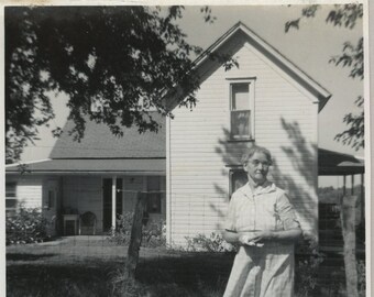 Original Vintage Photo Snapshot Older Woman in Yard by House Farmhouse "Mother" 1940s-50s