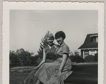 Original Vintage Photo Snapshot Women Sitting on Car Fender Hood 1940s