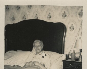 Original Vintage Photo Snapshot Older Elderly Woman in Bed 1940s-50s