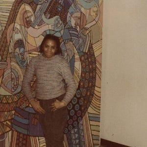 Original Vintage Color Photo Snapshot African American Teen Girl Posing by Artwork 1970s-80s