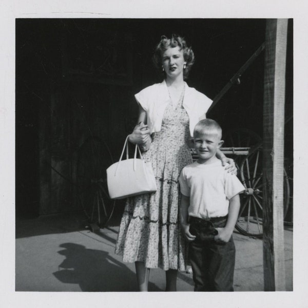 Original Vintage Photo Snapshot Small Boy & Woman Handbag Purse 1950s-60s