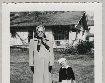 Original Vintage Photo Snapshot Elderly Woman Head Scarf & Small Boy 1950s