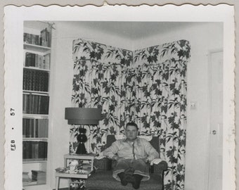 Original Vintage Photo Snapshot Man Sitting in Chair by Drapes 1950s