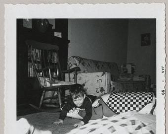 Original Vintage Photo Snapshot Boy on Floor Wrestling Punching Bag 1959