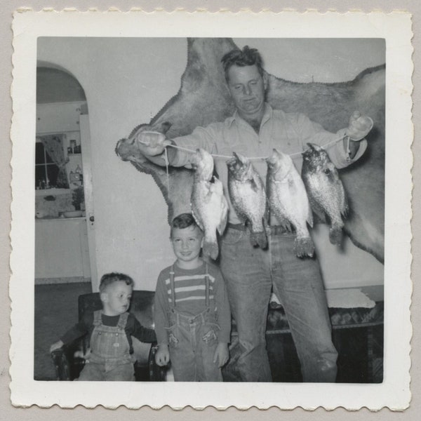 Original Vintage Photo Snapshot Man & Boys Fisherman Pose With Fish Catch 1950s