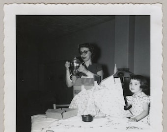 Original Vintage Photo Snapshot Girl by Woman Opening Gifts? 1955