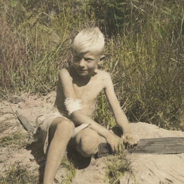 Original Vintage Tinted Colored Photo Snapshot Boy Outdoors Bandaged Arm 1930s