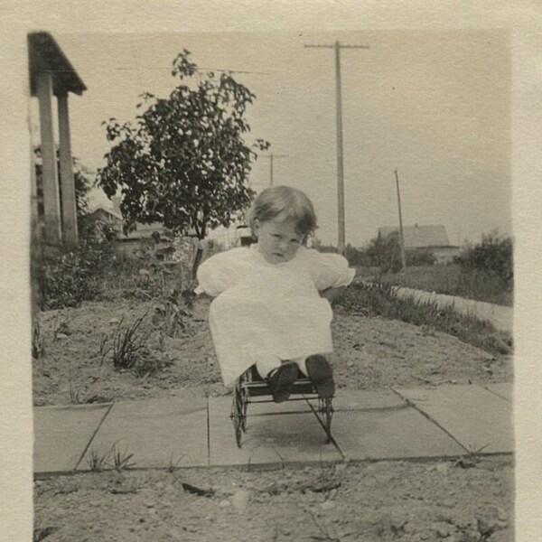 Original Vintage Photo Snapshot Girl in Small Buggy or Stroller 1910s-20s