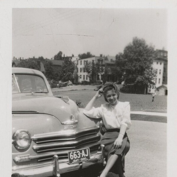 Original Vintage Photo Snapshot Woman Sitting on Car Bumper 1947