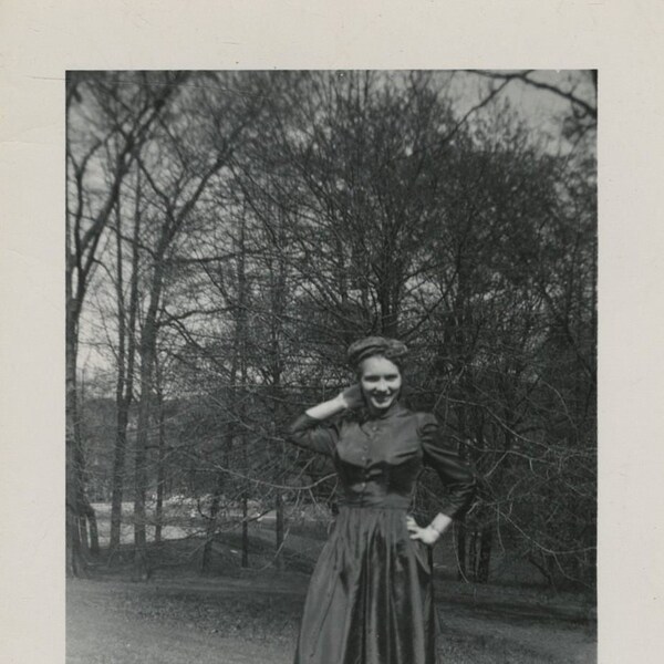 Original Vintage Photo Snapshot Woman Striking Pose Outdoors 1940s