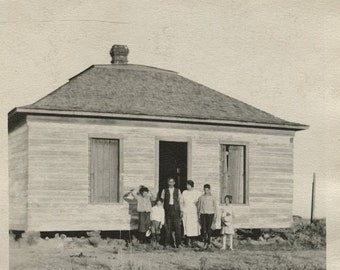 Original Vintage Photo Snapshot Family Poses in Front of Rustic Home House