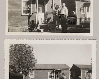 2 Original Vintage Photo Snapshots Houses People Picket Fences 1930s-40s