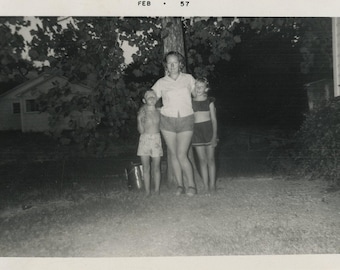 Original Vintage Photo Snapshot Woman Boy & Girl Outdoors by Tree 1957