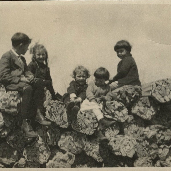 Original Vintage Photo Snapshot Boys Girls on Pile of Kindling or Lath? Bundles 1910s-20s