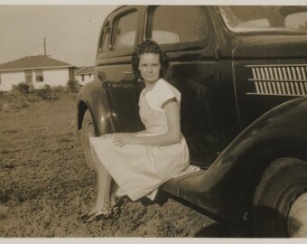 Original Vintage Photo Snapshot Woman Sitting on Car Running Board 1947