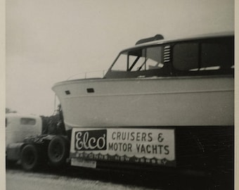 Original Vintage Photo Snapshot Boat on Trailer Elco Cruisers & Motor Yachts Sign 1940s-50s