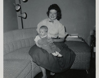 Original Vintage Photo Snapshot Woman Sitting on Couch Baby on Lap "Elaine Fisher Stanley ~ Heber Utah 1961
