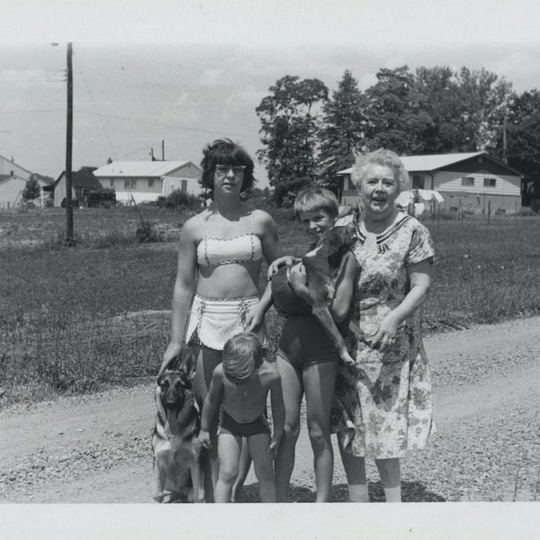 Original Vintage Photo Snapshot Woman With Girl Boys Swimsuits Dogs German Shepherd 1960s