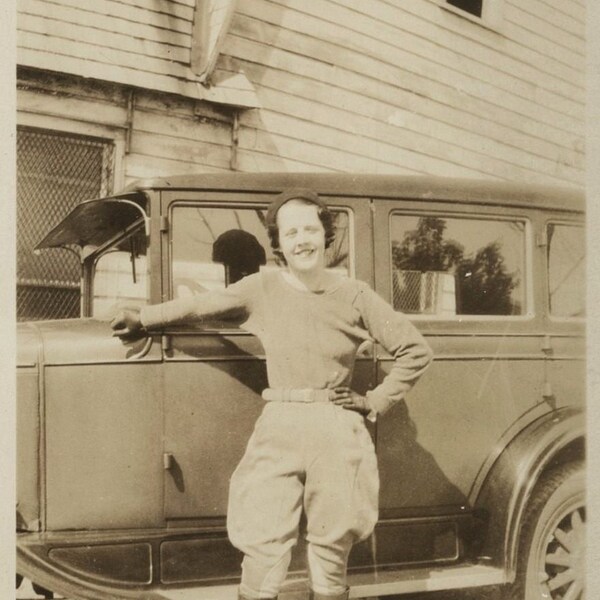 Original Vintage Photo Snapshot Woman Wearing Riding Boots Breeches Standing by Car 1920s-30s