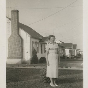 Original Vintage Photo Snapshot Woman in Yard by Houses 1940s