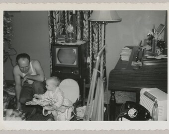 Original Vintage Photo Snapshot Man Baby Television Telephone & Radio 1950s