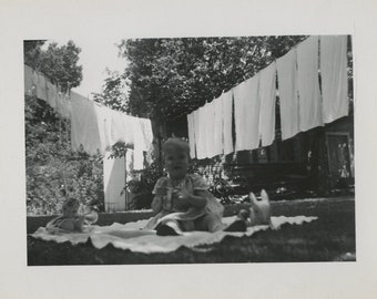 Original Vintage Photo Snapshot Toddler Sitting Outdoors by Clothesline 1940s